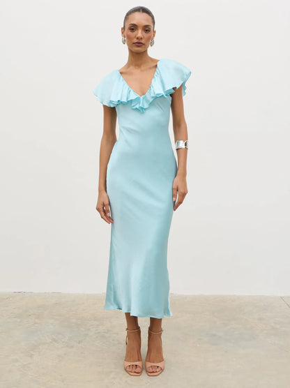 Chic Satin Sheath Ruffled V-Neck Cap Sleeve V-Back Midi Prom Dresses