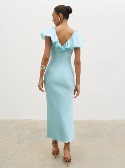 Chic Satin Sheath Ruffled V-Neck Cap Sleeve V-Back Midi Prom Dresses