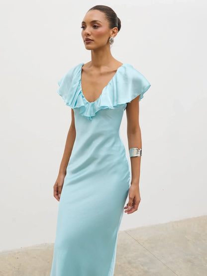 Chic Satin Sheath Ruffled V-Neck Cap Sleeve V-Back Midi Prom Dresses