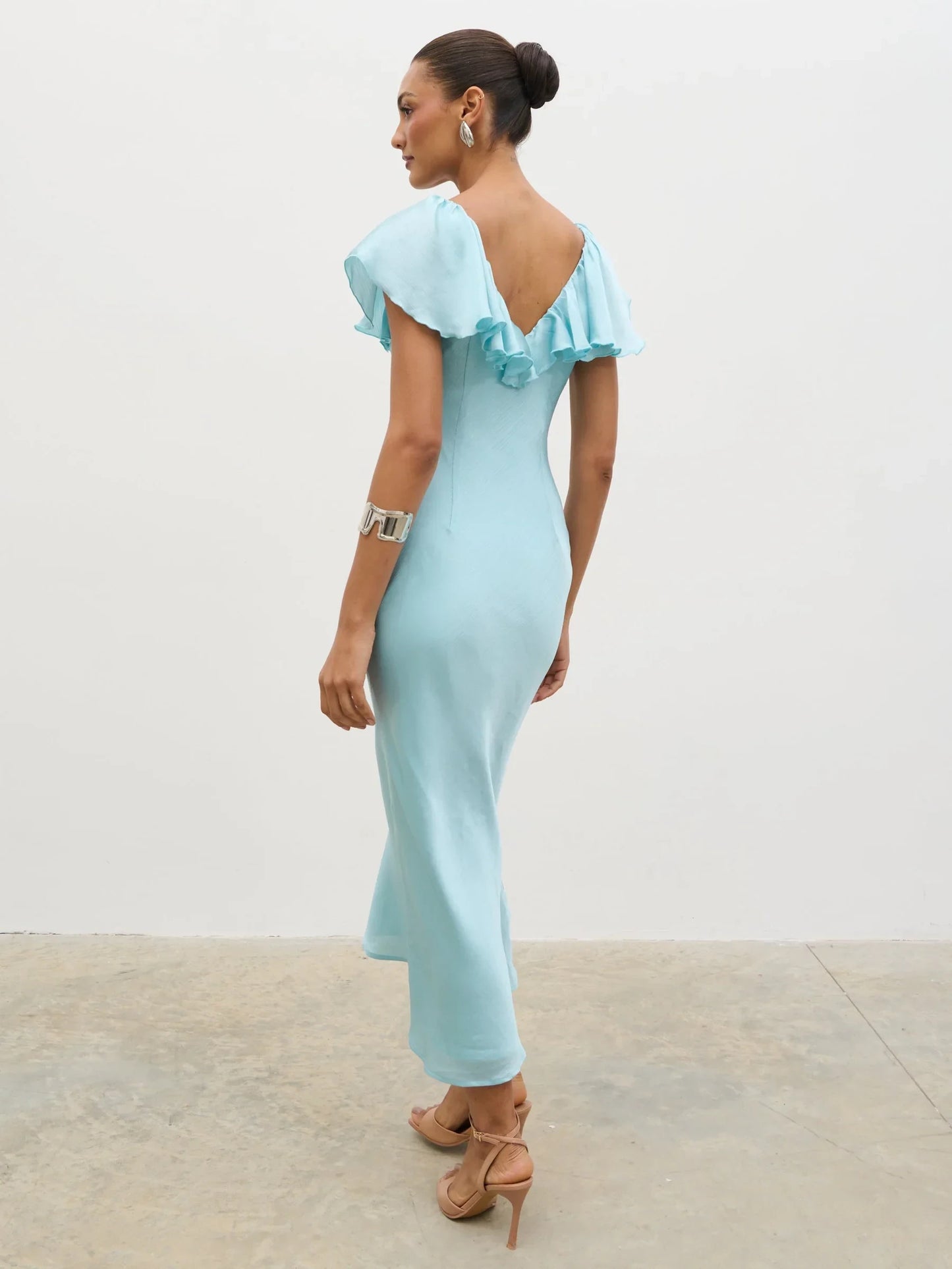 Chic Satin Sheath Ruffled V-Neck Cap Sleeve V-Back Midi Prom Dresses