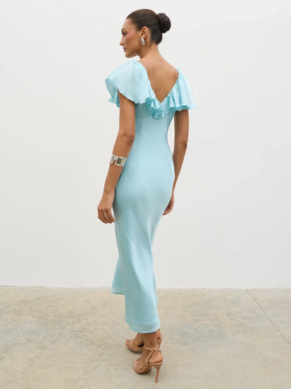 Chic Satin Sheath Ruffled V-Neck Cap Sleeve V-Back Midi Prom Dresses