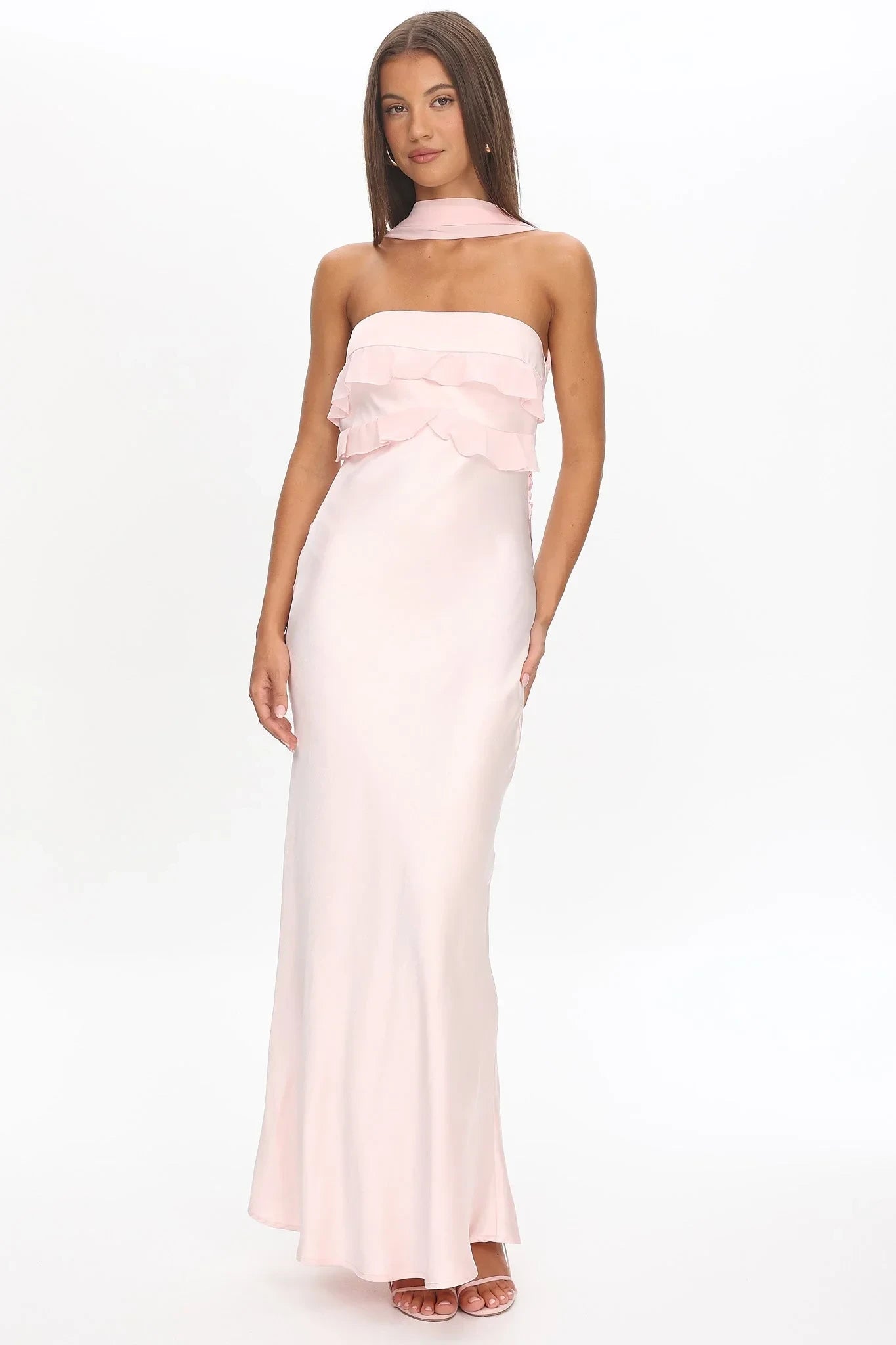 Chic Satin Sheath Strapless Ruffle Sleeveless Cowl Back Maxi Bridesmaid Dresses