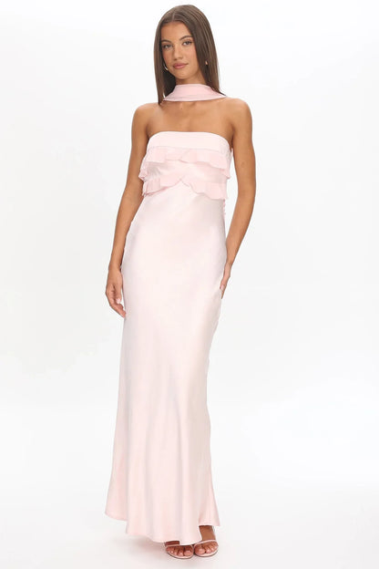 Chic Satin Sheath Strapless Ruffle Sleeveless Cowl Back Maxi Bridesmaid Dresses