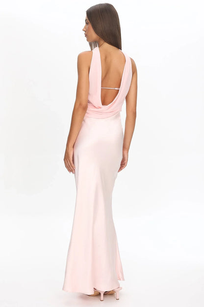 Chic Satin Sheath Strapless Ruffle Sleeveless Cowl Back Maxi Bridesmaid Dresses