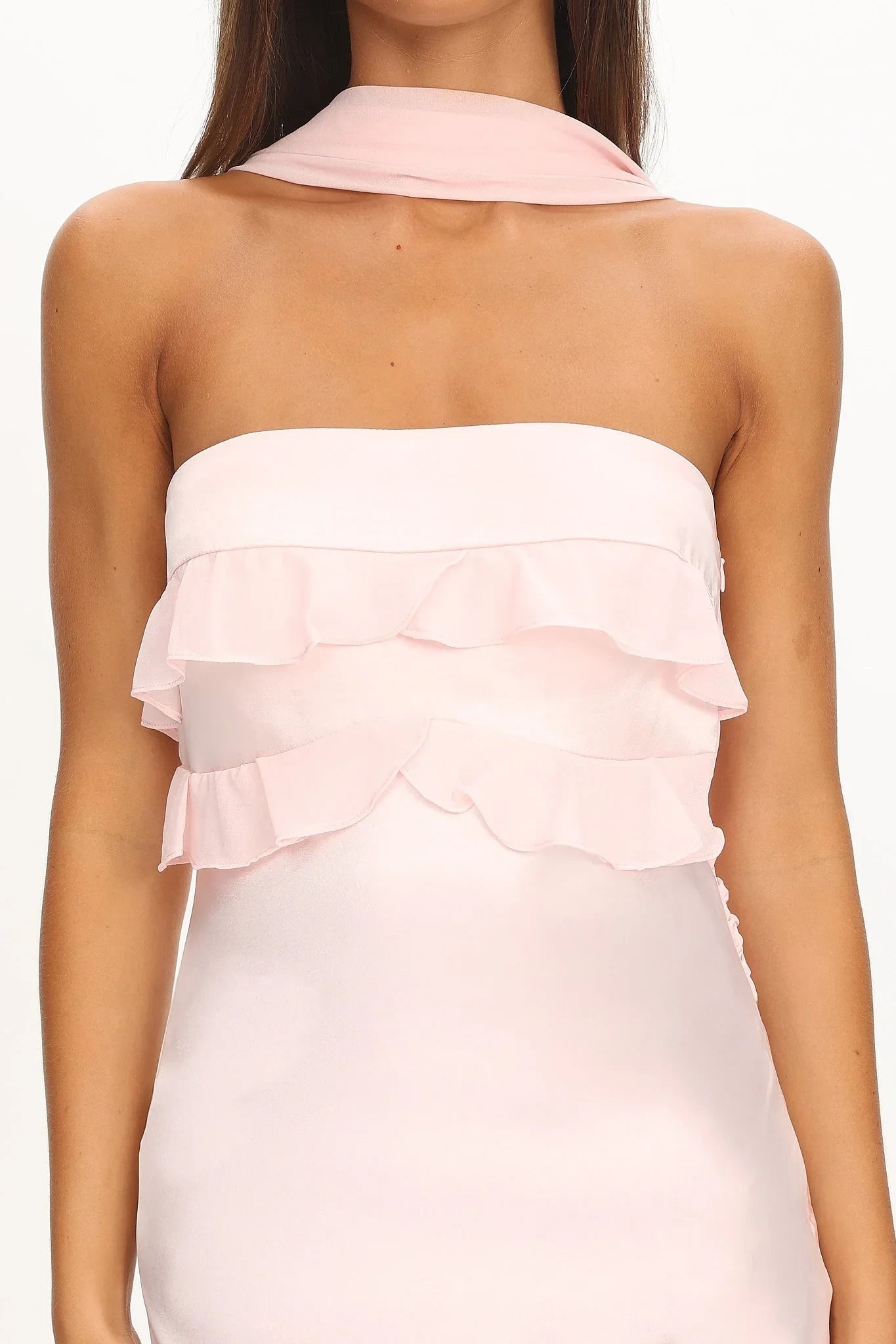 Chic Satin Sheath Strapless Ruffle Sleeveless Cowl Back Maxi Bridesmaid Dresses