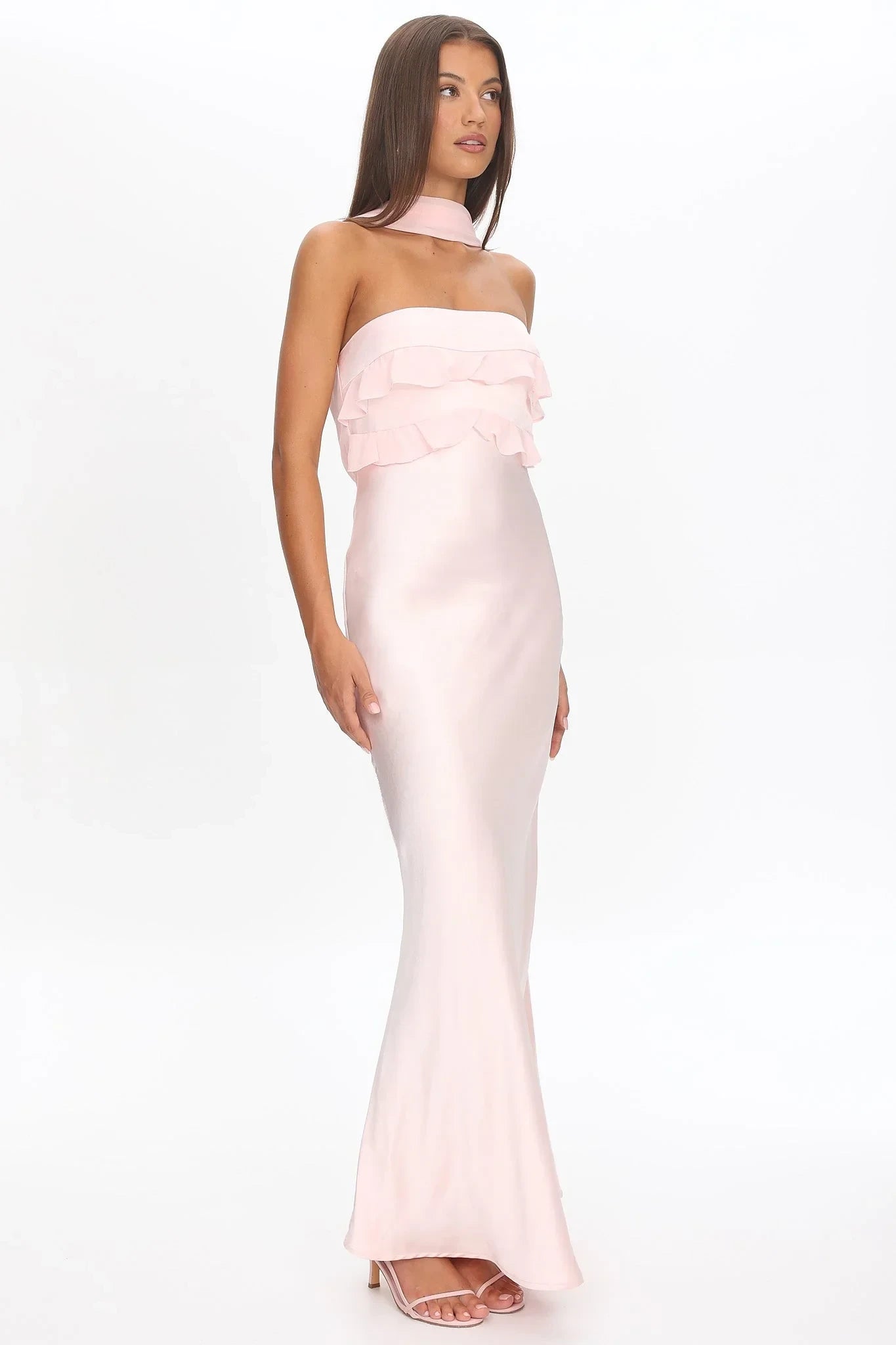 Chic Satin Sheath Strapless Ruffle Sleeveless Cowl Back Maxi Bridesmaid Dresses