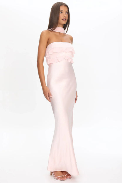 Chic Satin Sheath Strapless Ruffle Sleeveless Cowl Back Maxi Bridesmaid Dresses
