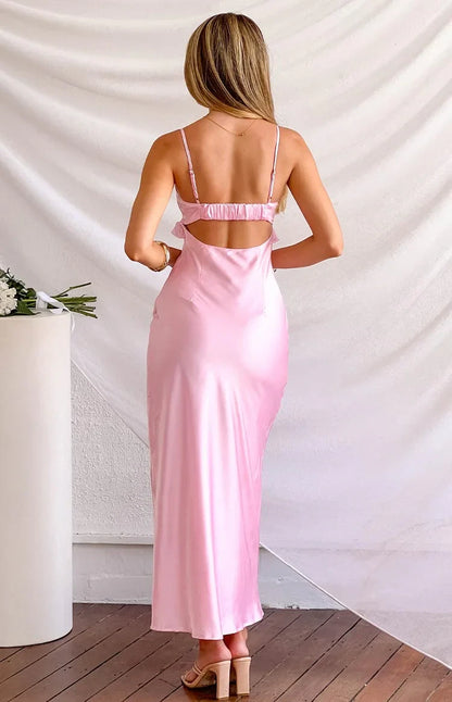 Chic Satin Sheath Sweetheart Spaghetti Strap Open Back Maxi Bridesmaid Dresses