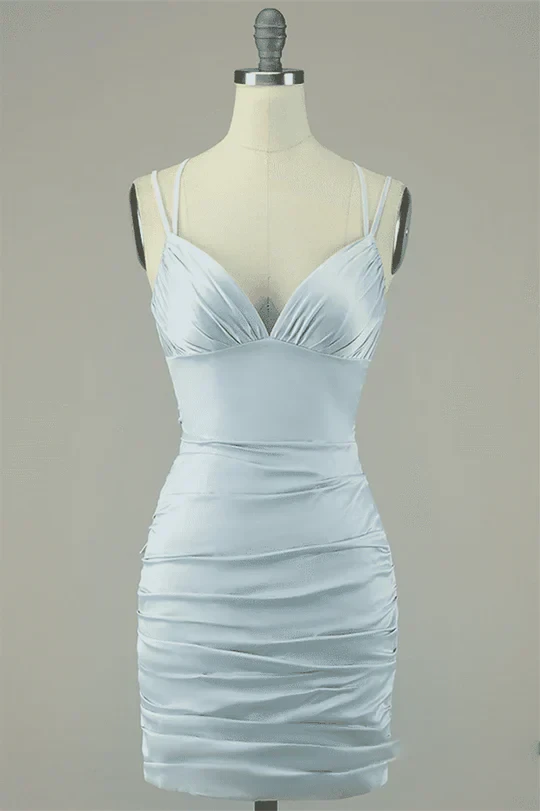 Chic Satin Sheath V-Neck Spaghetti Strap Lace-Up Back Mini Homecoming Dresses
