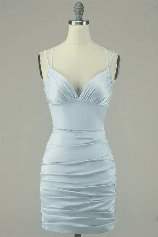 Chic Satin Sheath V-Neck Spaghetti Strap Lace-Up Back Mini Homecoming Dresses