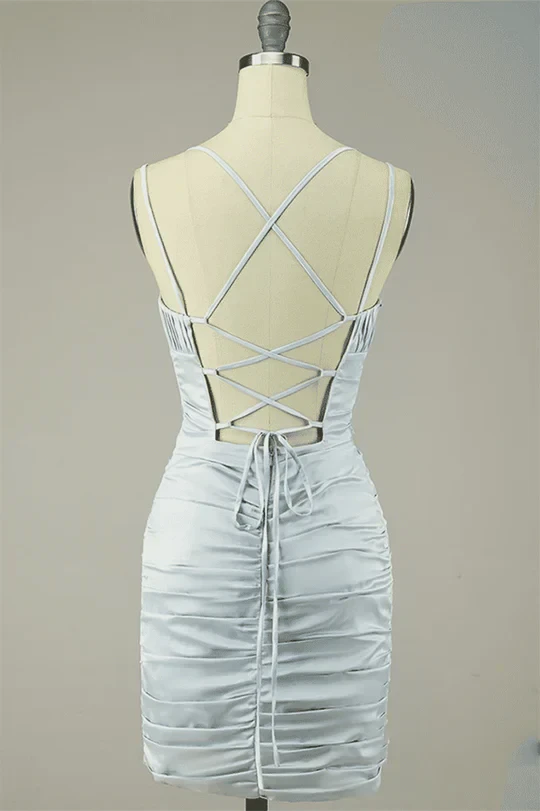 Chic Satin Sheath V-Neck Spaghetti Strap Lace-Up Back Mini Homecoming Dresses