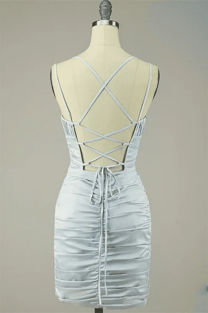 Chic Satin Sheath V-Neck Spaghetti Strap Lace-Up Back Mini Homecoming Dresses