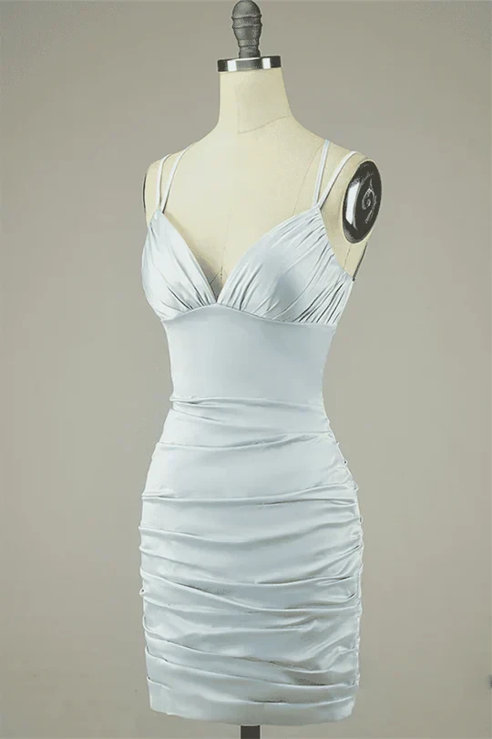 Chic Satin Sheath V-Neck Spaghetti Strap Lace-Up Back Mini Homecoming Dresses