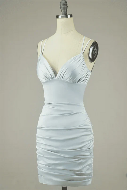 Chic Satin Sheath V-Neck Spaghetti Strap Lace-Up Back Mini Homecoming Dresses