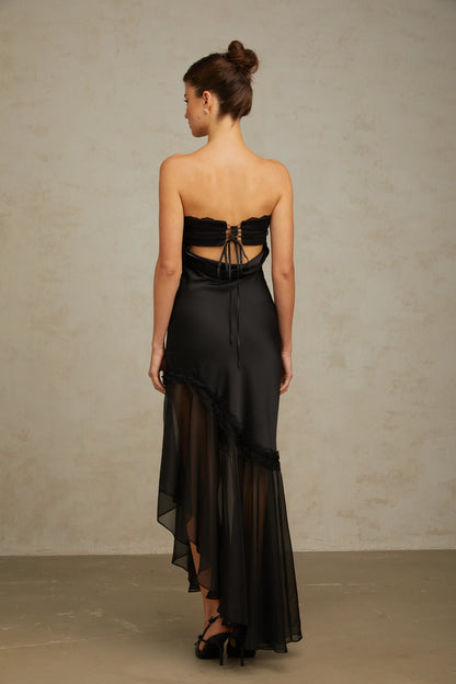 Chic Satin and Chiffon Sheath Strapless Sleeveless Lace-Up Back Asymmetrical Hem Maxi Evening Dresses