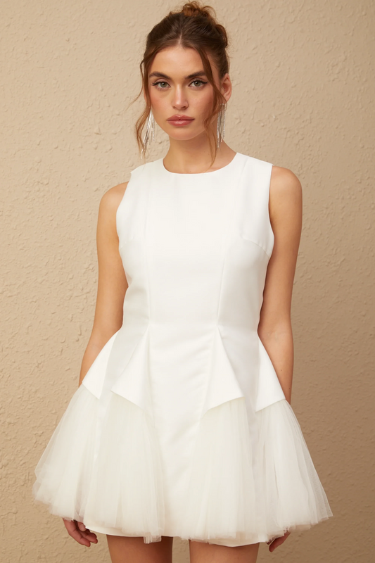 Chic Satin and Tulle A-Line Round Neck Sleeveless Zipper Back Mini Homecoming Dresses