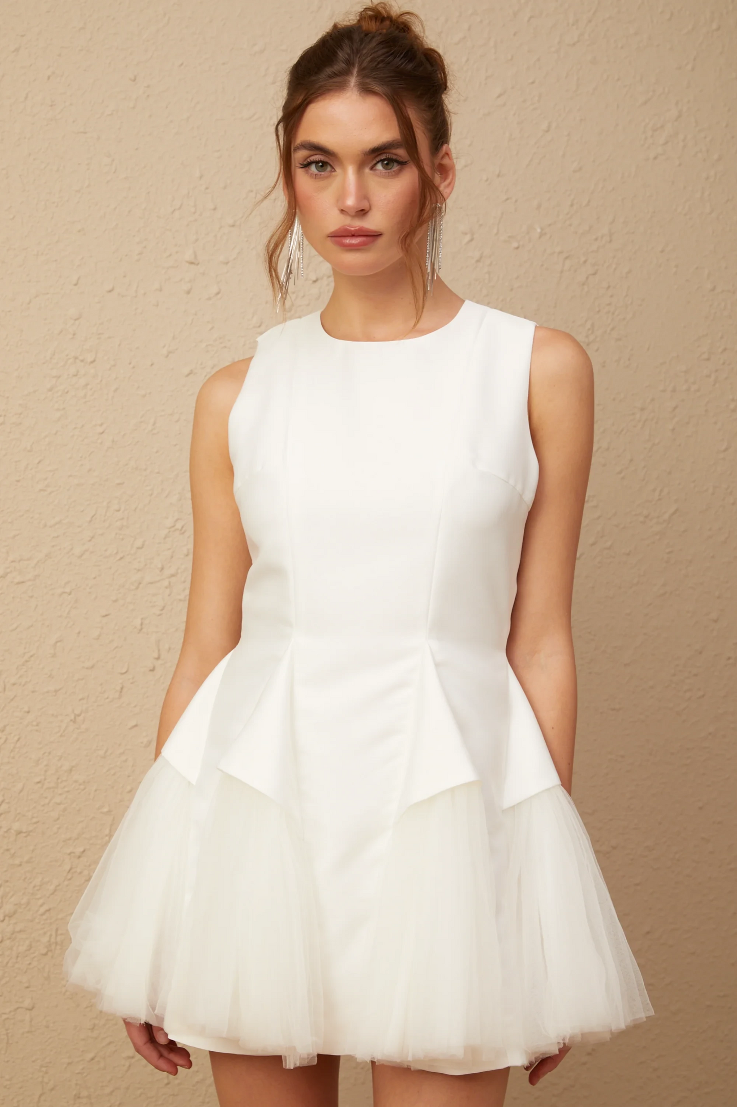 Chic Satin and Tulle A-Line Round Neck Sleeveless Zipper Back Mini Homecoming Dresses