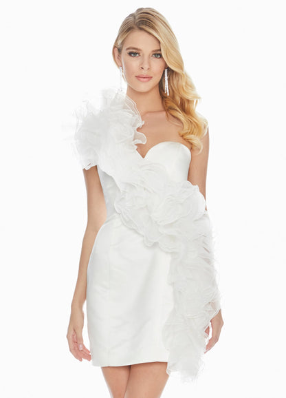 Chic Sheath One-Shoulder Sleeveless Cascading Ruffle Ivory Short Prom Dresses Women