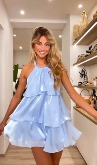 Chic Shimmering Satin A-Line Halter Neck Sleeveless Open Back Short Homecoming Dresses