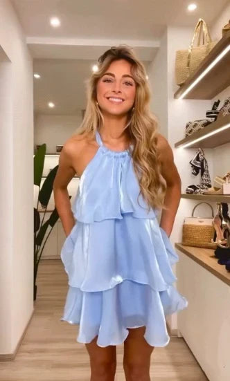 Chic Shimmering Satin A-Line Halter Neck Sleeveless Open Back Short Homecoming Dresses