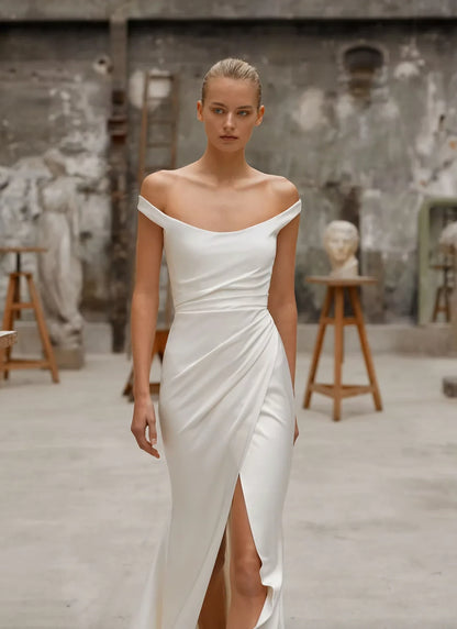 Chic Simple Satin Sheath Off-the-Shoulder Button Back Floor-Length Wedding Dresses