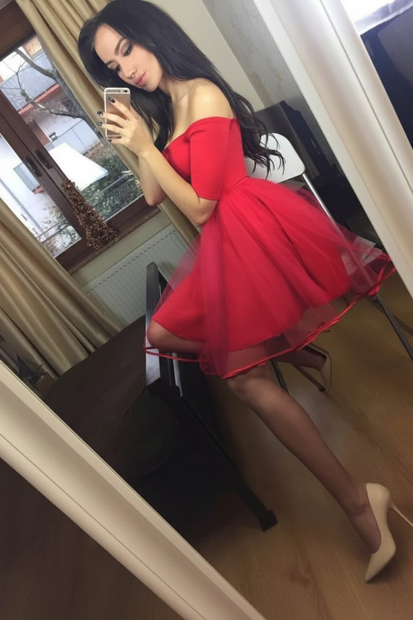 Chic Tulle A-Line Off-Shoulder Short Sleeve Mini Homecoming Party Dress