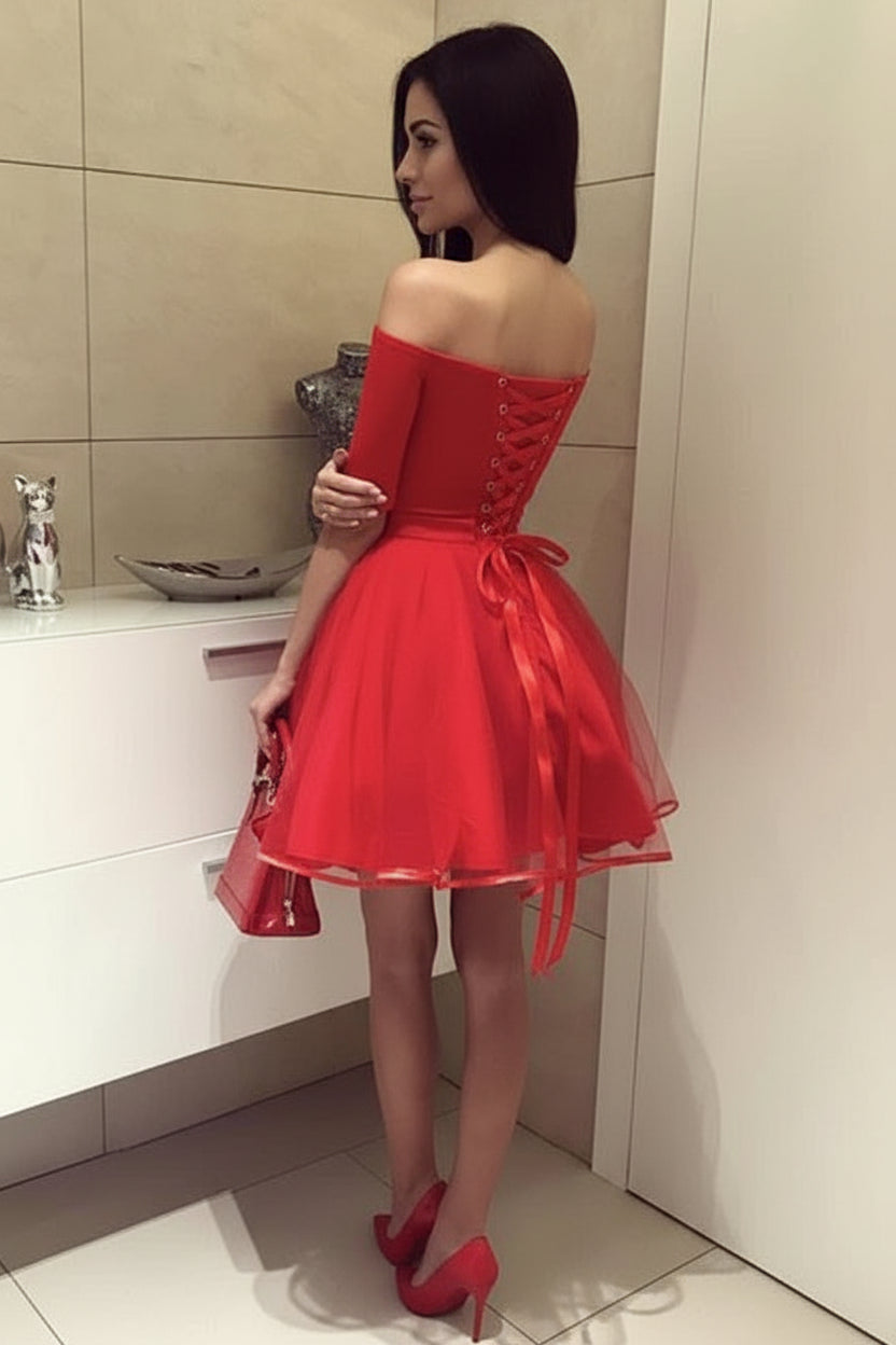 Chic Tulle A-Line Off-Shoulder Short Sleeve Mini Homecoming Party Dress