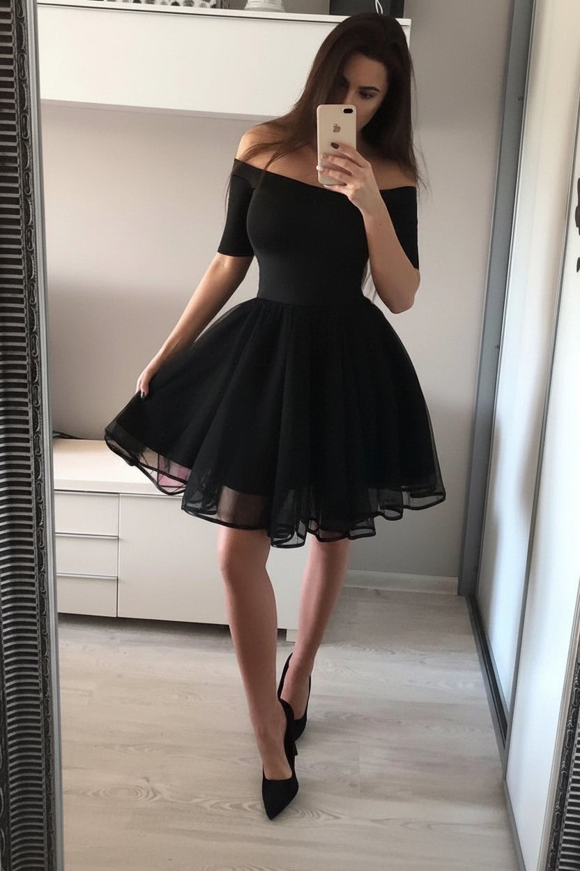 Chic Tulle A-Line Off-Shoulder Short Sleeve Mini Homecoming Party Dress