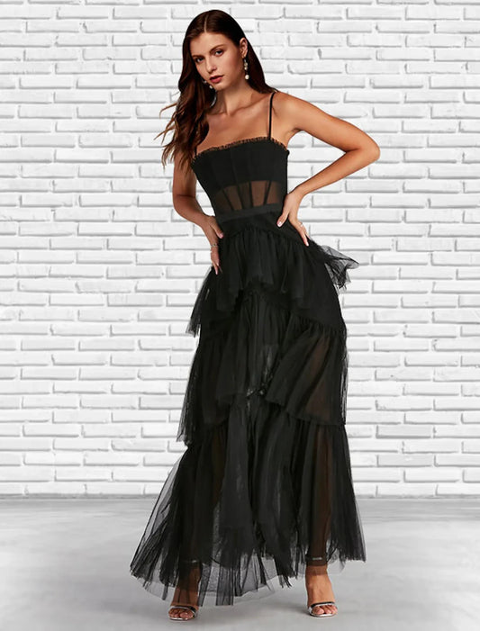 Chic Tulle A-Line Sweetheart Neck Spaghetti Strap Corset Bodice Tiered Floor-Length Prom Dresses