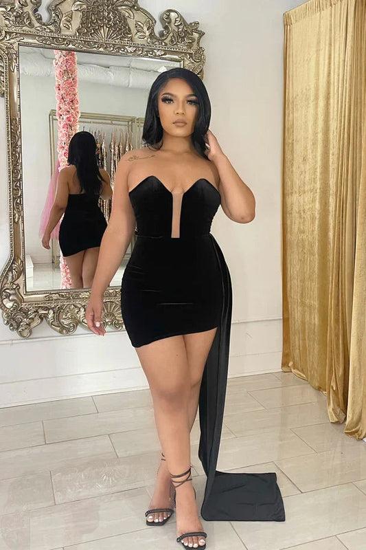 Chic Velvet Sheath Sweetheart Plunge Strapless Zipper Back Mini with Train Homecoming Dresses
