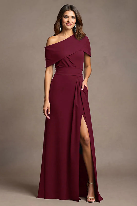 Chic crepe A-line one-shoulder draped floor-length mother of the bride dresses