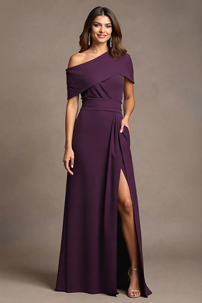 Chic crepe A-line one-shoulder draped floor-length mother of the bride dresses