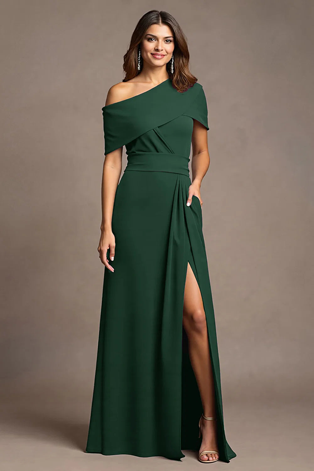 Chic crepe A-line one-shoulder draped floor-length mother of the bride dresses