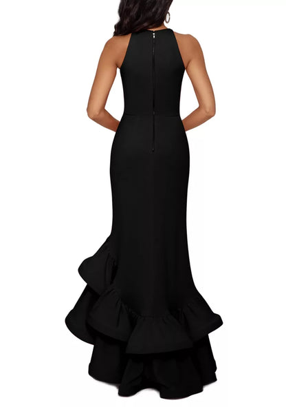 Chic halter neck stretch evening dress with ruffle trim, high slit and mermaid train