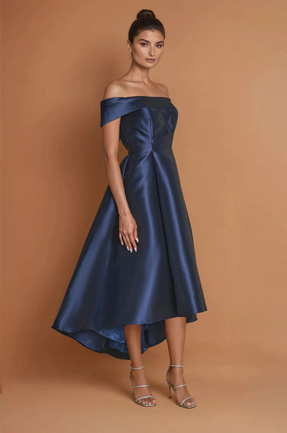 Chic satin a line off shoulder sleeveless open back midi evening dress with high low hem and bow back detail