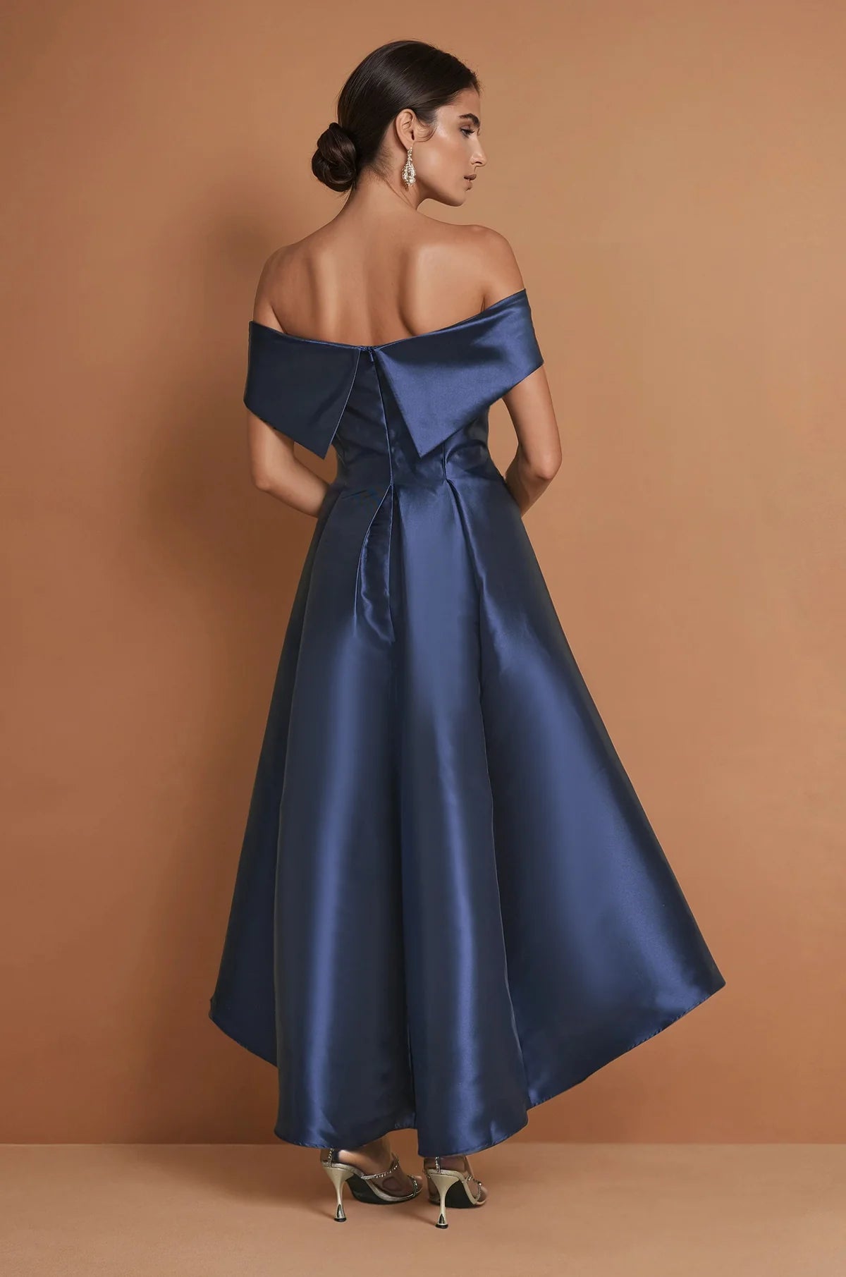 Chic satin a line off shoulder sleeveless open back midi evening dress with high low hem and bow back detail