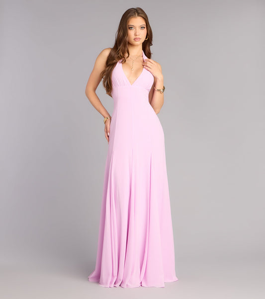 Chiffon A-Line Halter V-Neck Tie-Back Open Back Floor Length Evening Dress