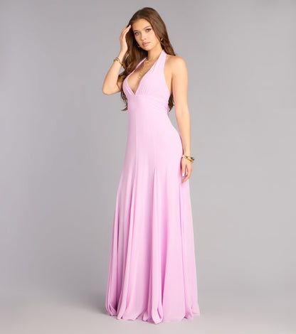 Elegant Chiffon A-Line Halter V-Neck Tie-Back Open Back Floor Length Gown