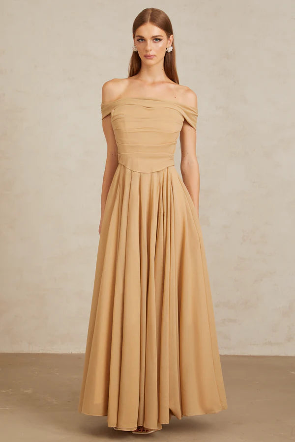 Chiffon A-Line Off The Shoulder Ruched Corset Floor Length Evening Dress with Flowy Skirt