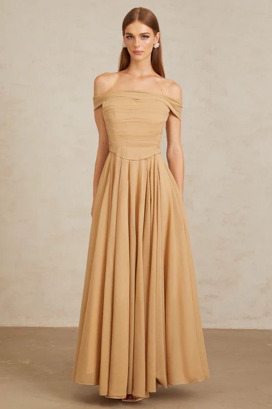 Chiffon A-Line Off The Shoulder Ruched Corset Floor Length Evening Dress with Flowy Skirt