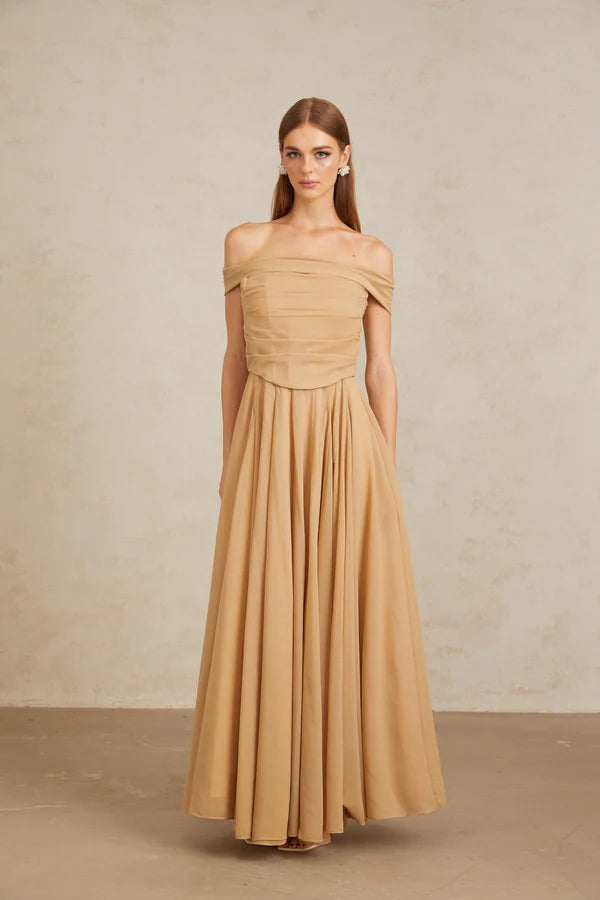 Chiffon A-Line Off The Shoulder Ruched Corset Floor Length Evening Dress with Flowy Skirt