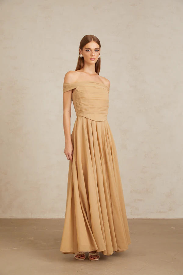 Chiffon A-Line Off The Shoulder Ruched Corset Floor Length Evening Dress with Flowy Skirt