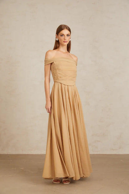 Chiffon A-Line Off The Shoulder Ruched Corset Floor Length Evening Dress with Flowy Skirt