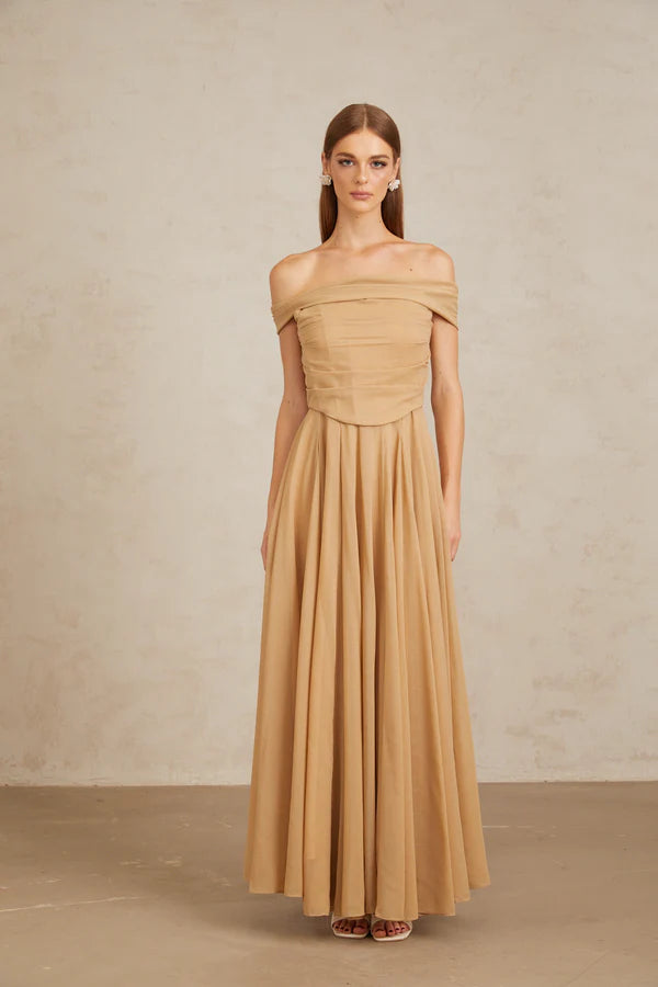 Chiffon A-Line Off The Shoulder Ruched Corset Floor Length Evening Dress with Flowy Skirt