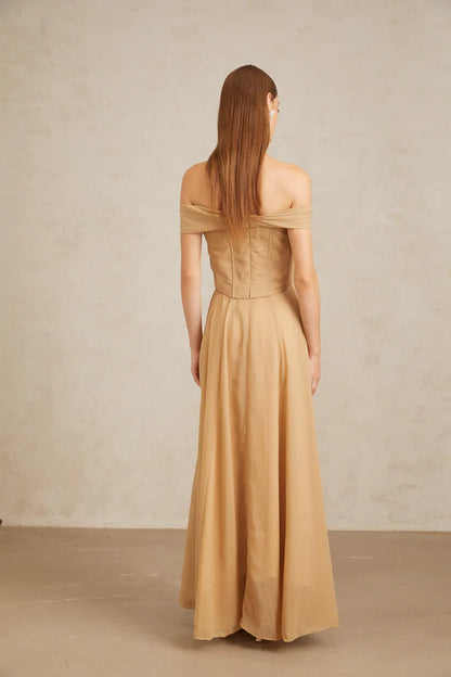 Chiffon A-Line Off The Shoulder Ruched Corset Floor Length Evening Dress with Flowy Skirt