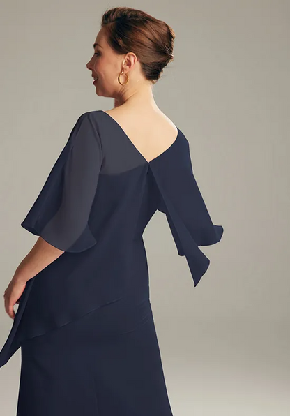 Elegant Chiffon Straight V-Neck Asymmetrical Capelet Floor-Length Mother of the Bride Gown