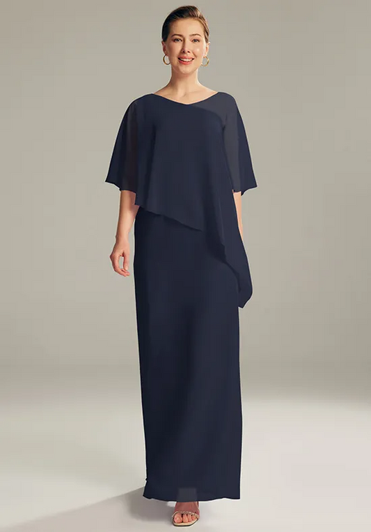 Chiffon Asymmetrical Capelet Overlay V-Neck Floor-Length Column Mother of the Bride Dresses