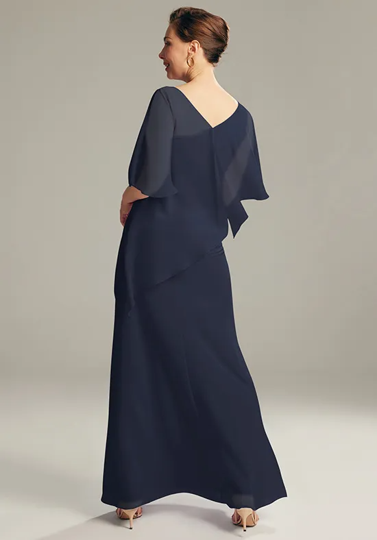 Elegant Chiffon Straight V-Neck Asymmetrical Capelet Floor-Length Mother of the Bride Gown