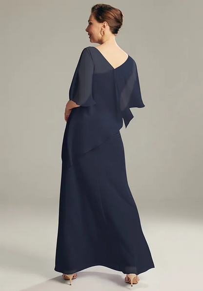 Elegant Chiffon Straight V-Neck Asymmetrical Capelet Floor-Length Mother of the Bride Gown
