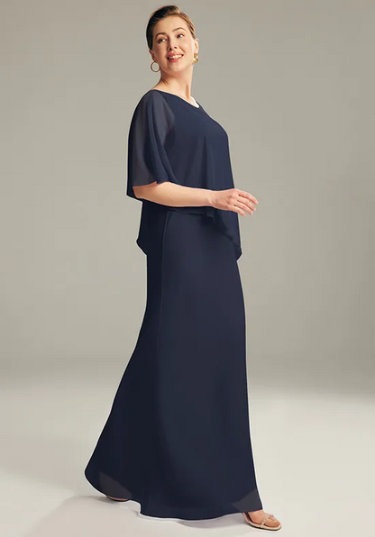 Elegant Chiffon Straight V-Neck Asymmetrical Capelet Floor-Length Mother of the Bride Gown
